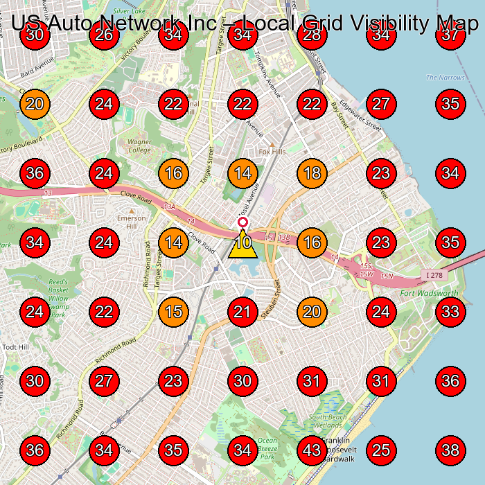 US Auto Network Inc GeoGrid visibility map for Used Car Dealer in Staten Island